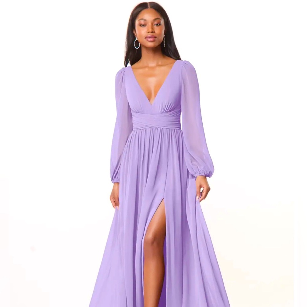 Azazie Lilac A-Line V-Neck Long Sleeve Chiffon Dress